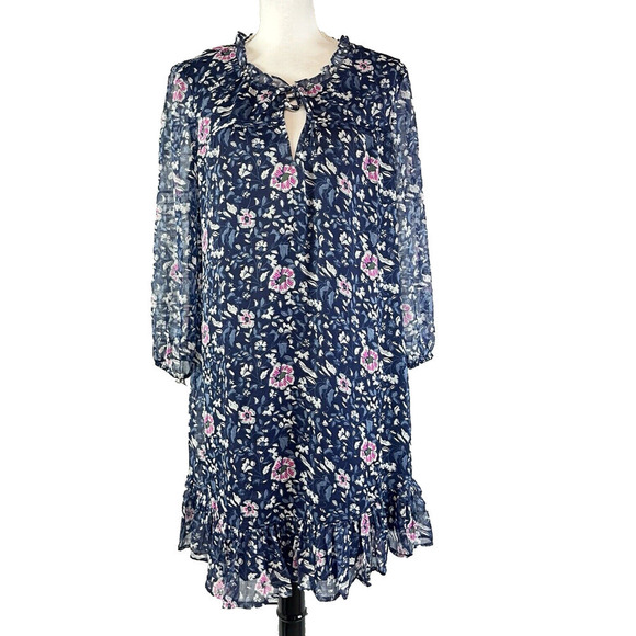 Vineyard Vines Dress size Medium Navy Blue Pink Floral Sheer Church Wedding Knee - Picture 1 of 12